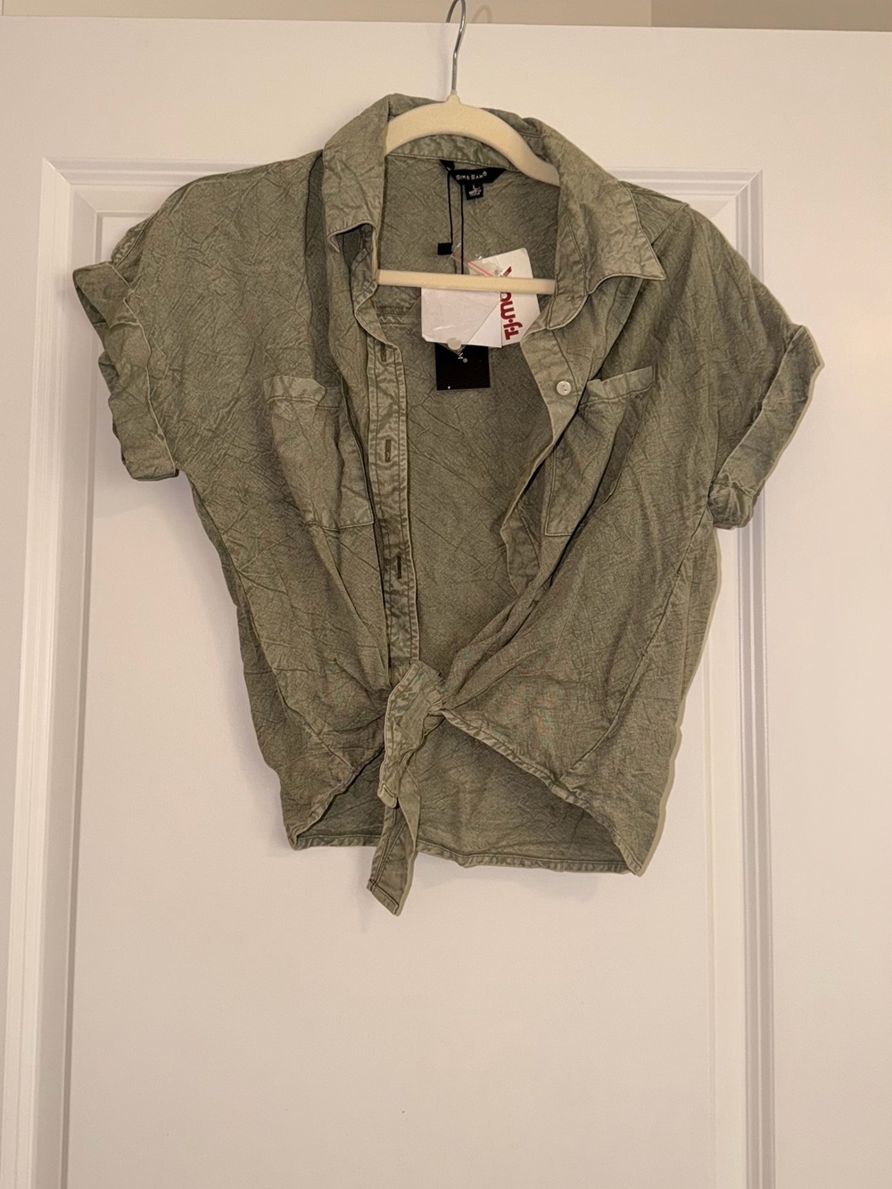 Tie-Front Short Sleeve Button-Down Shirt in Light Olive - Unbranded